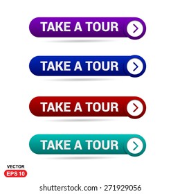 Take a Tour Icon Button. Abstract beautiful text button with icon. Purple Button, Blue Button, Red Button, Green Button, Turquoise button. web design element. Call to action gray icon button