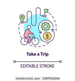 Take trip concept icon. Bicycle sharing usage abstract idea thin line illustration. E-bike tour. Transportation with rented electronic bike. Vector isolated outline color drawing. Editable stroke