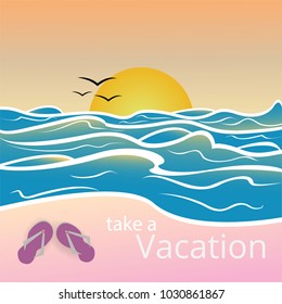 Take a vacation poster . Beach sunset in pink and blue colors.