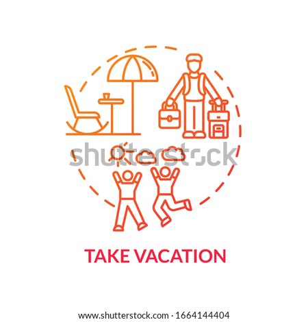 Take vacation red concept icon. Voyage, trip. Go on journey. Traveling abroad. Rest from work. Recreation outside. Avoid burnout idea thin line illustration. Vector isolated outline RGB color drawing