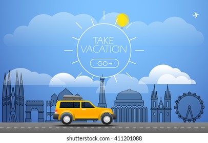 Take Vacation travelling concept. Flat design illustration