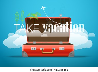 Tome el concepto de viaje de vacaciones. Ilustración de diseño plano