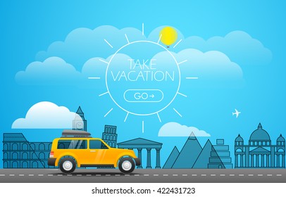 Tome el concepto de viaje de vacaciones. Ilustración de diseño plano