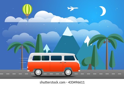 Tome el concepto de viaje de vacaciones. Ilustración de diseño plano con coche retro rojo