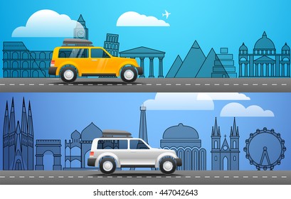 Tome el concepto de viaje de vacaciones. Ilustración de diseño plano