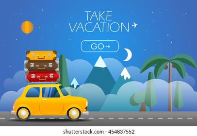 Take Vacation travelling concept. Flat design illustration. Retro car with bags