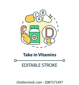 Take in vitamins concept icon. Pregnancy diet abstract idea thin line illustration. Providing prenatal multivitamins and minerals. Vector isolated outline color drawing. Editable stroke