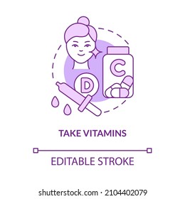 Take vitamins purple concept icon. Beauty and healthcare. Skincare procedure abstract idea thin line illustration. Isolated outline drawing. Editable stroke. Roboto-Medium, Myriad Pro-Bold fonts used