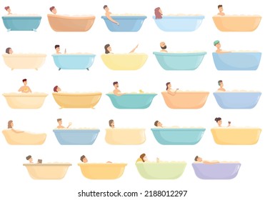 Take a warm bath icons set cartoon vector. Foam girl. Scrub glove