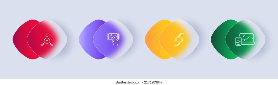 Take and watch pictures set icon. Creative occupation, 360 degrees, viewing angles, view, photo, image, swipe, hand. Art concept. Glassmorphism style. Vector line icon for Business and Advertising.