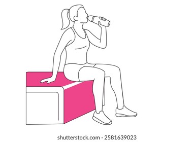 take water break, A female athlete is depicted taking a water break in a line-style icon. The flat-style character illustration shows a relaxed young woman sitting in a lounge chair, viewed from the s