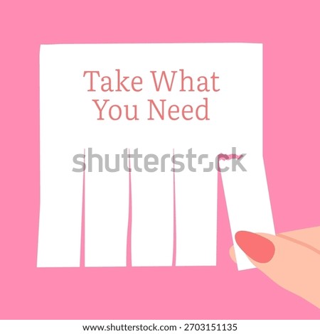 Take What You Need illustration.Sheet paper advertising with tear off cut slips. A woman's fingers tear off a paper ads