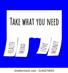 Take what you need. Vector stock illustration eps10. HEALTH. MIND. LOVE. MONEY