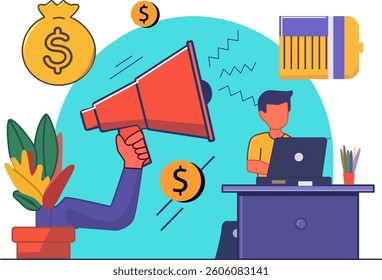 Take your business to the next level with powerful marketing strategies! The image depicts a person using a megaphone to promote growth, surrounded by symbols of finance and productivity, emphasizing 