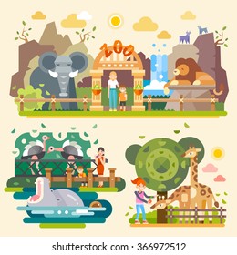 Take your children and let's go to the Zoo! Kind Elephant, majestic lion, huge yawning hippopotamus, ostriches, giraffes, happy kids. Flat vector illustrations