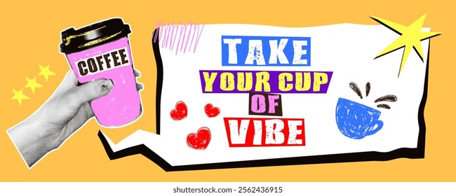 Take your cup of energy in retro collage style. Halftone effect hand holds a paper coffee cup against a speech bubble background with various pencil scribbles and grainy textures.