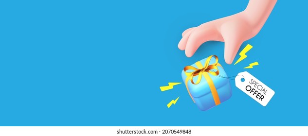 Take your gift. Hand reaching for the gift box with bow. Cartoon design. Special offer