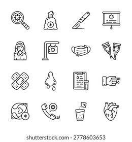 Take your hands on this amazing set of health and medical icons in outline style