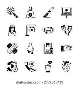 Take your hands on this amazing set of health and medical icons in glyph style