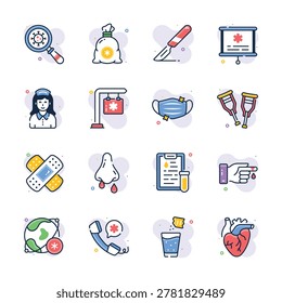 Take your hands on this amazing set of health and medical icons in flat outline style