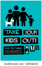 Take Your Kids Out Poster In Flat Style Retro Design with Text Box Template