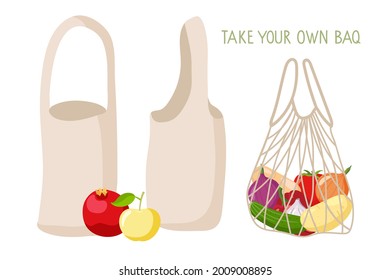 Take your own bag. Eco bag set. Canvas shoppers and string bag with vegetables. Ecological fabric package. No plastic. Environmentally responsible behavior. Isolated on white flat illustration.