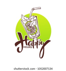take  your summer drink and enjoy our happy hour! vector commercial background woth hand drawn mojito glass and lettering composition