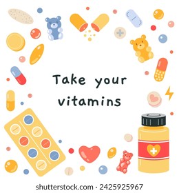 Toma tus vitaminas. Conjunto de diversos medicamentos y suplementos para apoyar el organismo. Comprimidos, blíster y cápsulas. Concepto de salud, belleza y bienestar. Ilustración aislada del vector de la historieta, plana