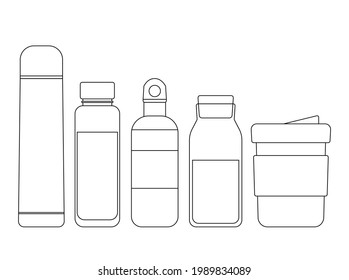 Take Your Water Bottle. Refillable Glass Or Metal Bottles Black Outline. Vector Line. Zero Waste Concept, Reasonable Consumption, Zero Plastic.