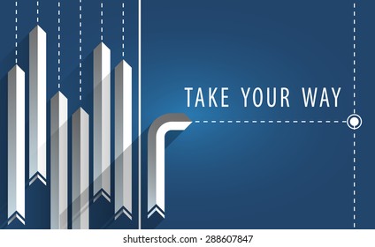 Take Your Way, Long Shadow Arrows with Gradient Surfaces with One Heading Other Way on Blue Background, EPS 10 Vector Illustration