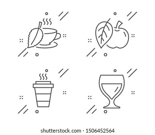 Takeaway, Apple and Mint tea line icons set. Wine glass sign. Takeout coffee, Fruit, Mentha beverage. Cabernet wineglass. Food and drink set. Line takeaway outline icon. Vector