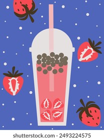 Takeaway asian Bubble Tea with strawberry juice. Trendy simple minimalism art with Summer cold Drink. Bubble Tea poster for bar restaurant design. Vector illustration. EPS 10