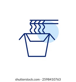 Takeaway Asian noodles and wooden chopsticks. Authentic cuisine, japanese or chinese food. Pixel perfect, editable stroke vector icon