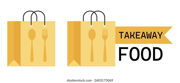 Takeaway bag set icon. Food packaging with cutlery and label indicates ready meal delivery and eating on the go.