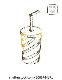 Takeaway beverage sketch illustration. Hand drawn cafe menu vector icon. Soda in a Solo cup outline print.