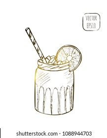 Takeaway beverage sketch illustration. Hand drawn cafe menu vector icon. Fresh cocktail in a jar outline print.