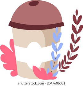 Nehmen Sie Getränke und Getränke, einzelne Plastiktasse mit koffeinhaltigem Getränk. Umarmen mit Deckel und Etikett, dekoratives Blattwerk und Blumen. Moderner aromatischer Kamericano. Vektorgrafik auf Flach-Art