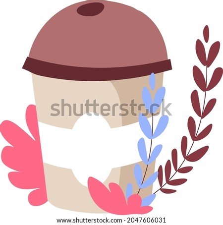 Takeaway beverages and drinks, isolated plastic cup with drink containing caffeine. Mug with lid and label, decorative foliage and flowers. Modern aromatic americano. Vector in flat style illustration