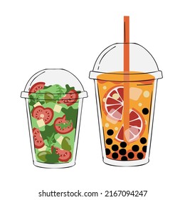 Takeaway bubble tea lemonade and fresh salad.