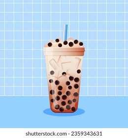 Takeaway bubble tea on blue background. Vector illustration of boba tea with tapioca and ice. Summer refreshing beverage in plastic cup.