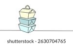 Takeaway cardboard boxes one line continuous drawing. Empty cardboard boxes, bags for takeaway food continuous one line illustration.