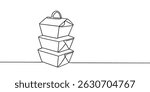 Takeaway cardboard boxes one line continuous drawing. Empty cardboard boxes, bags for takeaway food continuous one line illustration.