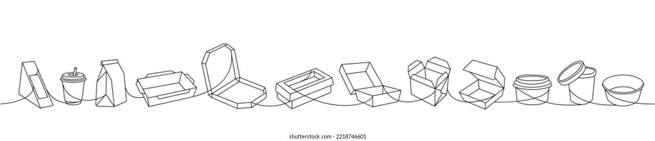 Takeaway cardboard boxes one line continuous drawing. Empty cardboard boxes, bags for takeaway food continuous one line illustration.