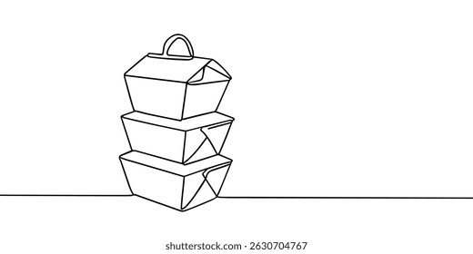 Takeaway cardboard boxes one line continuous drawing. Empty cardboard boxes, bags for takeaway food continuous one line illustration.