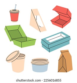 Takeaway cardboard boxes set. Empty cardboard boxes for takeaway food. Paper and plastic delivery containers. Vector illustration. Take away packages