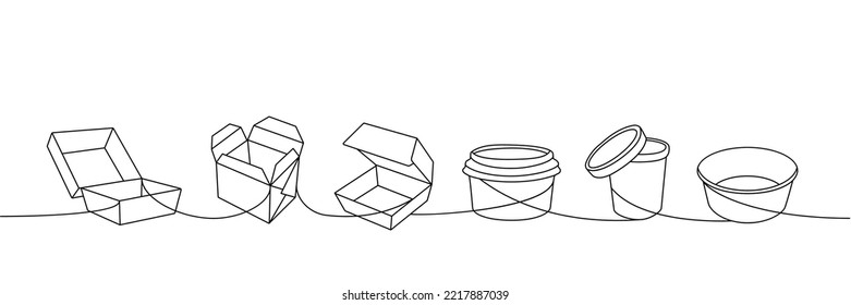 Mitnehmen Kartons setzen eine Linie durchgehendes Zeichnen. Leere Kartonboxen, Taschen für die mitnahme von Lebensmitteln durchgängige Illustration.