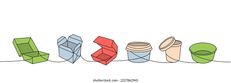 Takeaway cardboard boxes set one line colored continuous drawing. Empty cardboard boxes, bags for takeaway food one line colorful illustration.