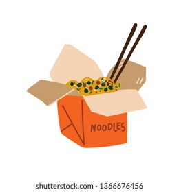 Takeaway Carton Box of Noodles with Vegetables and Chopsticks, Traditional Chinese or Japanese Food Vector Illustration