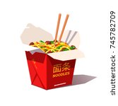 Takeaway carton box noodles with veggies and wok fried pork. Take out red carton food package with “noodle” hieroglyphs. Traditional Chinese & Thai dish. Flat vector illustration isolated on white.
