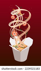 Takeaway carton box noodles with veggies and wok fried shrimp. Take out carton food package with noodle hieroglyphs. Traditional Chinese, Thai dish, flat vector illustration.
